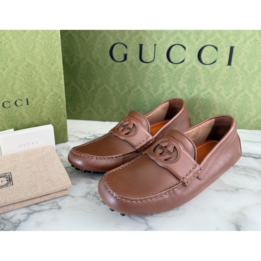 GUCCI 730148 MOCCASIN BROWN LEATHER INTERLOCKING G DRIVERS SHOES MENS UK 6.5‎